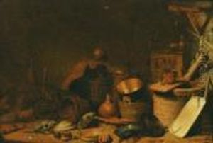 A Kitchen Interior With A Well, Pots, Pans And Baskets by Cornelis Saftleven
