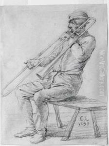 A Seated Man Playing A Sackbut