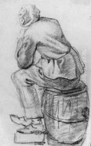 A Man Seated On A Barrel, Seen From Behind