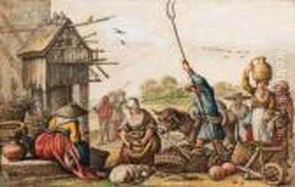 A Country Market By A House With
 A Dovecote (recto); A Study Of Acavalier By Another Hand (verso) - view 1