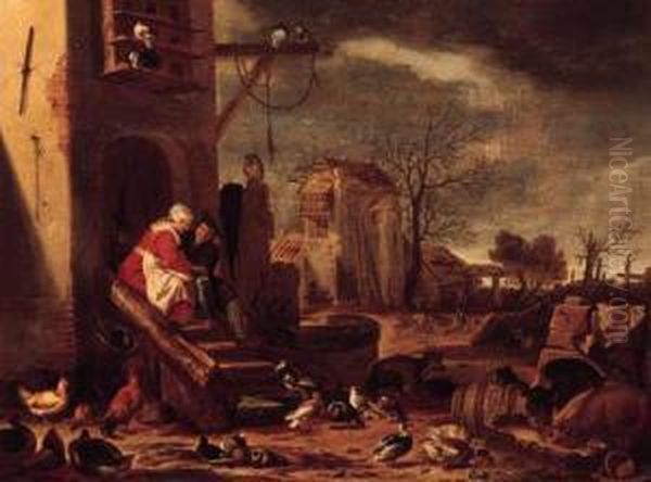 A Couple Embracing By A Farmhouse, The Prodigal Son Among Swinebeyond - view 1
