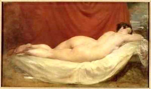 Nude Lying On A Sofa Against A Red Curtain - view 1