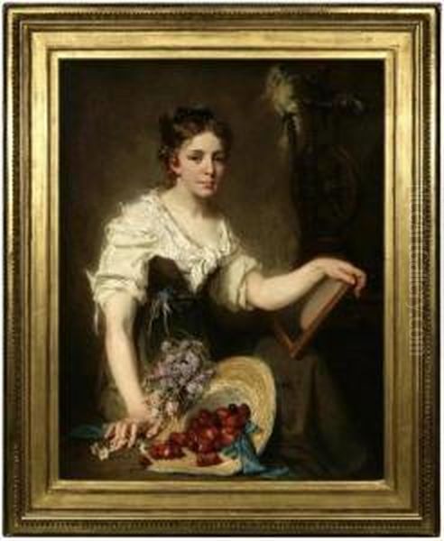 Girl With A Cherry Earringseated
 Before A Still Life Of Flowers And Berries Spilling Out Of Ahat - view 1