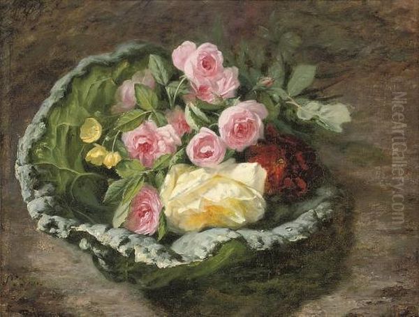 A Bouquet Of Roses And Buttercups On A Mossy Bank - view 1