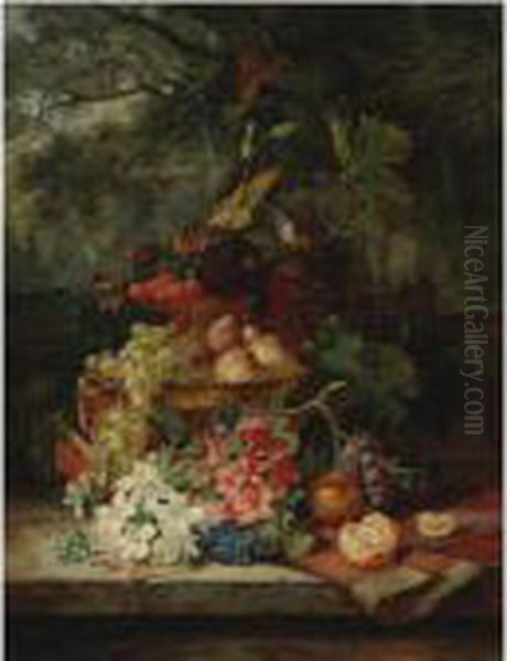 Still Life With Grapes,
Cherries, Peaches, And Flowers In A Double-tiered Gilt Dish, A Carpet
And An Orange, All Resting On A Ledge With A Balustrade And A Garden
Landscape Beyond - view 1