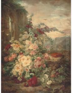 A Book On A Plinth By A Rose Bush At The Ruins by Simon Saint-Jean