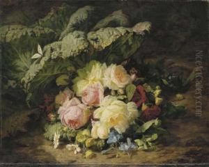 A Bouquet Of Roses, Daisies And Violets With A Butterfly On A Mossy Bank