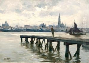 Petit Pecheur Sur Le Ponton Pres Du Port D'anvers by Henri Saintin