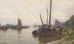 Boats In The Harbour Of Muiden, With The Muiderslot In The Distance by Henri Saintin