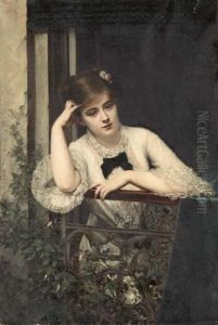 Jeune Fille Pensive Sur Un Balcon by Jules Emile Saintin