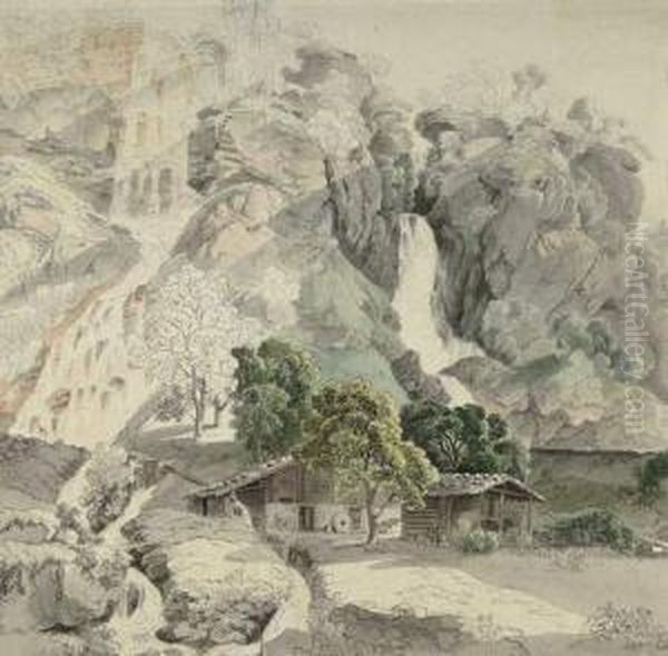 Die Giessbachfalle Im Berner Oberland. Verso: Gebirgslandschaft. 1821 - view 1
