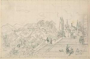 Italienische Ansicht Mit Kirche. Verso: Studie Mit Ziegen. by Friedrich Salathe