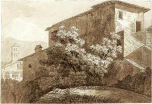 View Of An Italian Villa, With A Man Gardening In The Foreground View Of An Italian Villa, With A Man Gardening In The Foreground