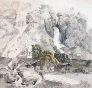 A Swiss Farm At The Foot Of Two Waterfalls by Friedrich Salathe