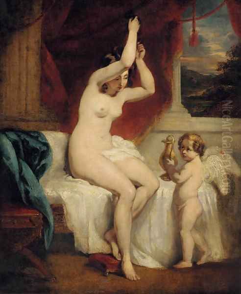 A seated female nude with a cherub holding a gold water jug, in an interior with a landscape beyond - view 1