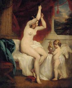 A seated female nude with a cherub holding a gold water jug, in an interior with a landscape beyond