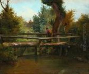 Bauerin Auf Dem Steg Uber Den
Bach. by Hubert Salentin