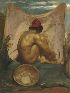 A Seated Tajik In An Interior With His Shield And Scabbard At His Side