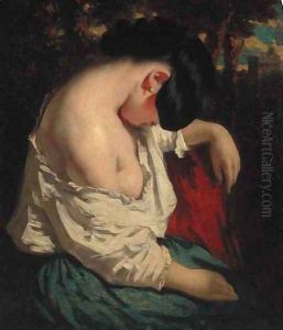 A female resting in a wooded landscape with a tower beyond by William Etty