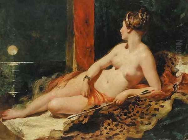 Venus reclining, holding an arrow, looking towards a full moon - view 1