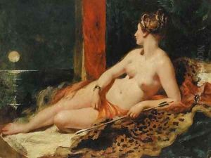 Venus reclining, holding an arrow, looking towards a full moon