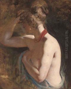 Study of a female nude, half-length, draped in a blue wrap with a red scarf around her neck Study of a female nude, half-length, draped in a blue wrap with a red scarf around her neck
