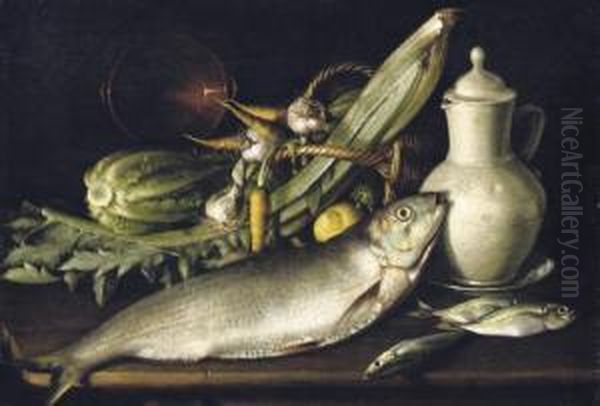 Fish, Cellery, A Cabbage And An
Earthenware Pot With Carrots, Garlic And A Lemon In A Wicker Basket And A
Porcelain Jug On A Platter, All On A Wooden Ledge - view 1