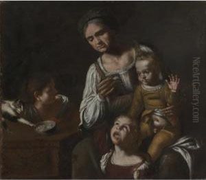 Interior Scene With A Woman And Three Children Interior Scene With A Woman And Three Children