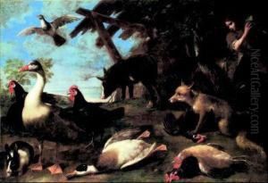 Natura Morta Con Animali E Giovane Sullo Sfondo Natura Morta Con Animali E Giovane Sullo Sfondo