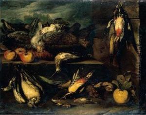 Still Life Of A Partridge, 
Woodcock, Woodpeckers, A Pigeon, Finches And Other Birds On A Stone 
Ledge With Apples