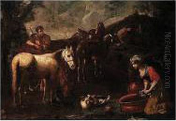 Herdsmen Watering Horses And Donkeys At A Trough, With A Woman Washing - view 1