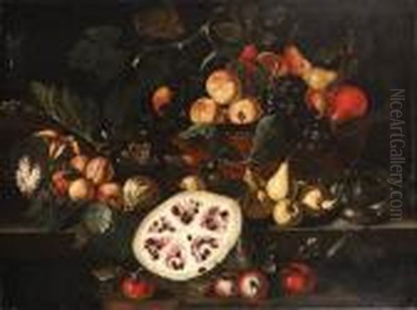 Grapes On The Vine, Peaches And
Pears In A Basket, With A Melon, A Cut Fig And Other Fruit On Stone
Ledges - view 1
