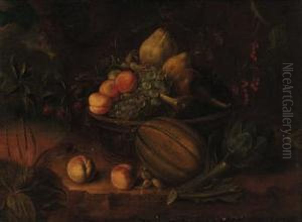 A Basket With Peaches, Grapes,
Pears And Figs On A Stone Ledge Withpeaches, A Melon And Artichoke In A
Landscape - view 1