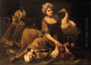 A Girl Feeding Cockerels, With A Cat On A Basket, A Goose, Duck Andother Birds