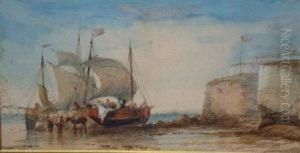 Two Fishing Vessels Unloading Their Catch On A Beach by John Cuthbert Salmon
