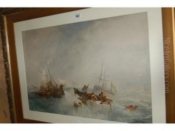 Coastal Scene With Fishing Smacks In Stormy Seas - view 1
