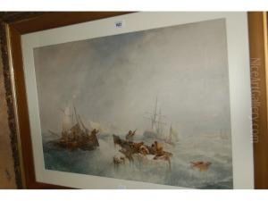Coastal Scene With Fishing Smacks In Stormy Seas by John Cuthbert Salmon