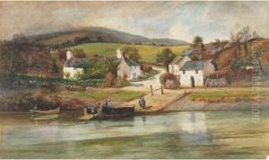 Figures Boarding A Ferry On A Village Shore
