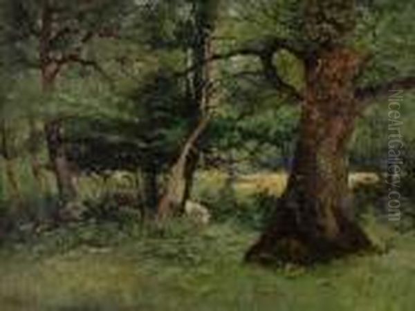 "late Autumn", And Another Of A Woodland Glade With Cattle Grazing - view 1