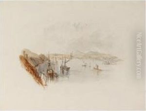 Figures On A Hill With A Lake And Town Beyond; Shipping In A Harbour