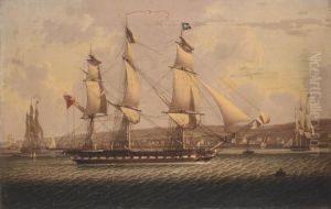 A Man-of-war Of The Red
Squadron, Departing The 'tail Of The Bank' Anchorage On The Clyde by Robert Salmon
