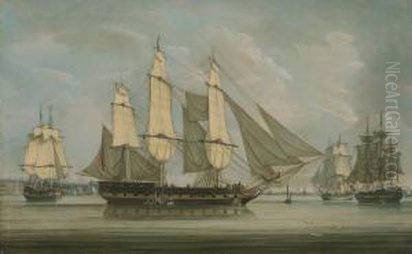 Merchant Ships Off Liverpool, Drying Their Sails Whilst Lying Inthe Mersey River - view 1