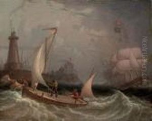 A Pilot Boat Guiding A Small Fleet Of Larger Trading Vessels Off A Lighthouse