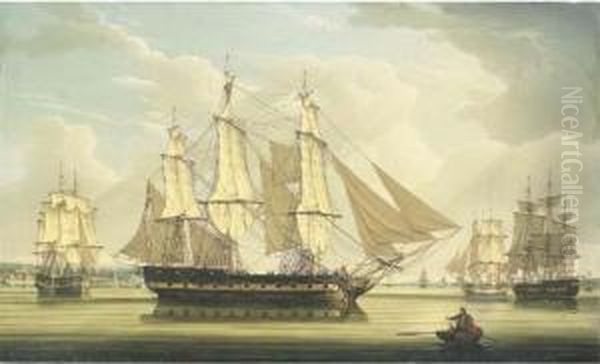 A Fifth Rate Ship Of The Line And A Brig Drying Sails In A Flat Calm On The River Mersey - view 1