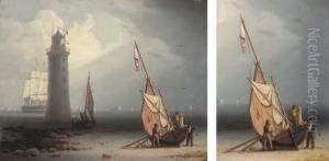 Mending Sails On The Shore At The Perch Lighthouse, New Brighton by Robert Salmon
