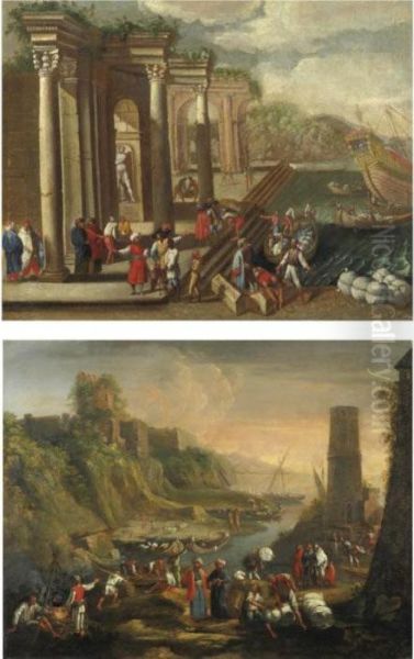 Veduta Di Un Porto Con Capriccio
 Architettonico, Figure E Imbarcazioni; Veduta Costiera Con Figure E Una
 Torre Sulla Destra - view 1