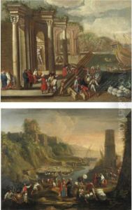 Veduta Di Un Porto Con Capriccio
Architettonico, Figure E Imbarcazioni; Veduta Costiera Con Figure E Una
Torre Sulla Destra by Alessandro Salucci
