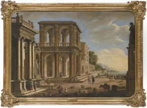 An Architectural Capriccio With An Ionic Portico, A Fountain, A Two Story Loggia by Alessandro Salucci
