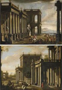 Veduta Architettonica Con Figure E Marina; Veduta Architettonica Con Figure E Mucche by Alessandro Salucci