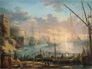 Mediterranean Capriccio Harbour 
Scene With Merchants On The Quay, And The Castel Sant' Angelo Beyond
